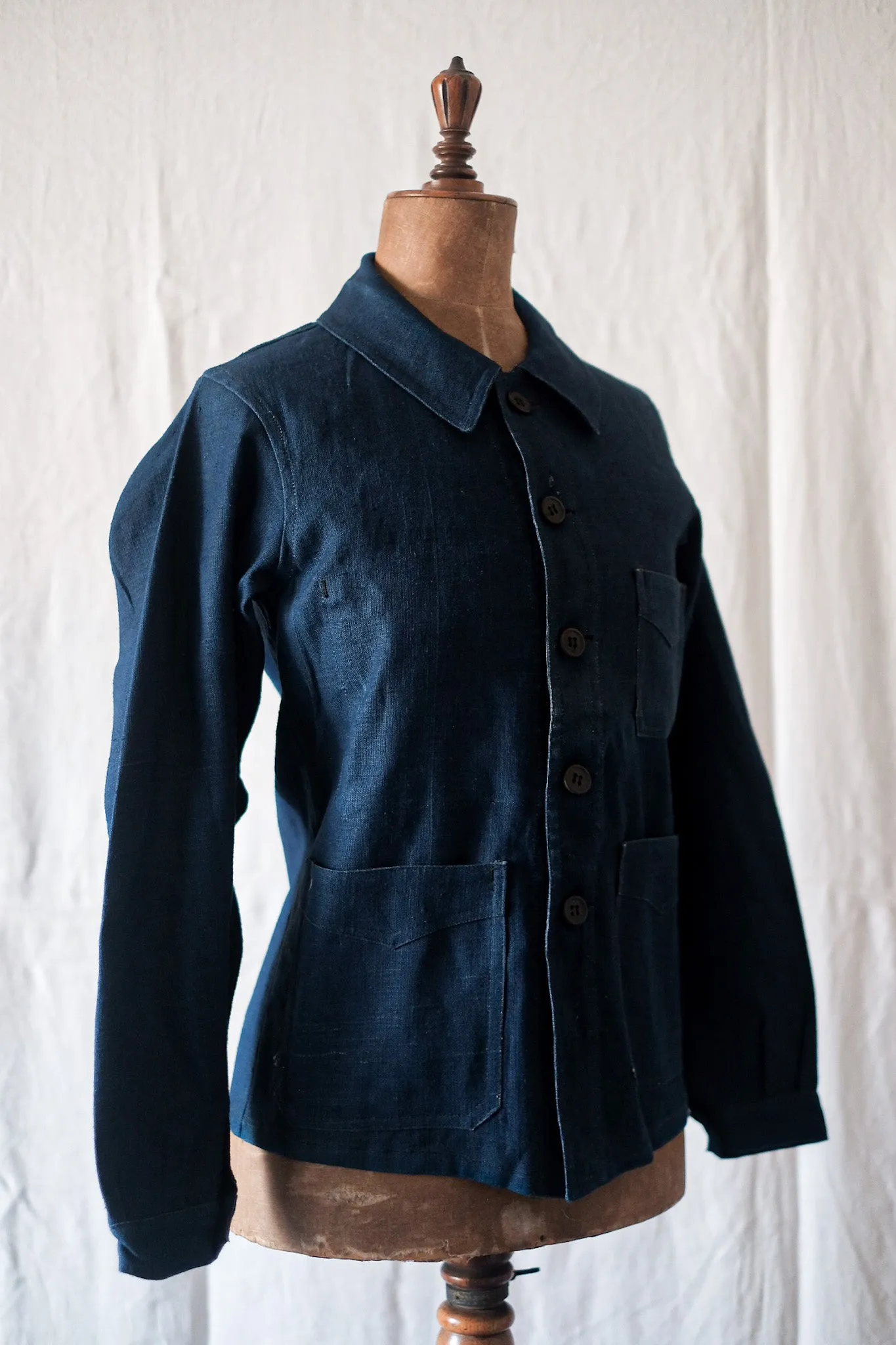 [~ 30's] Veste de travail en lin indigo vintage français 