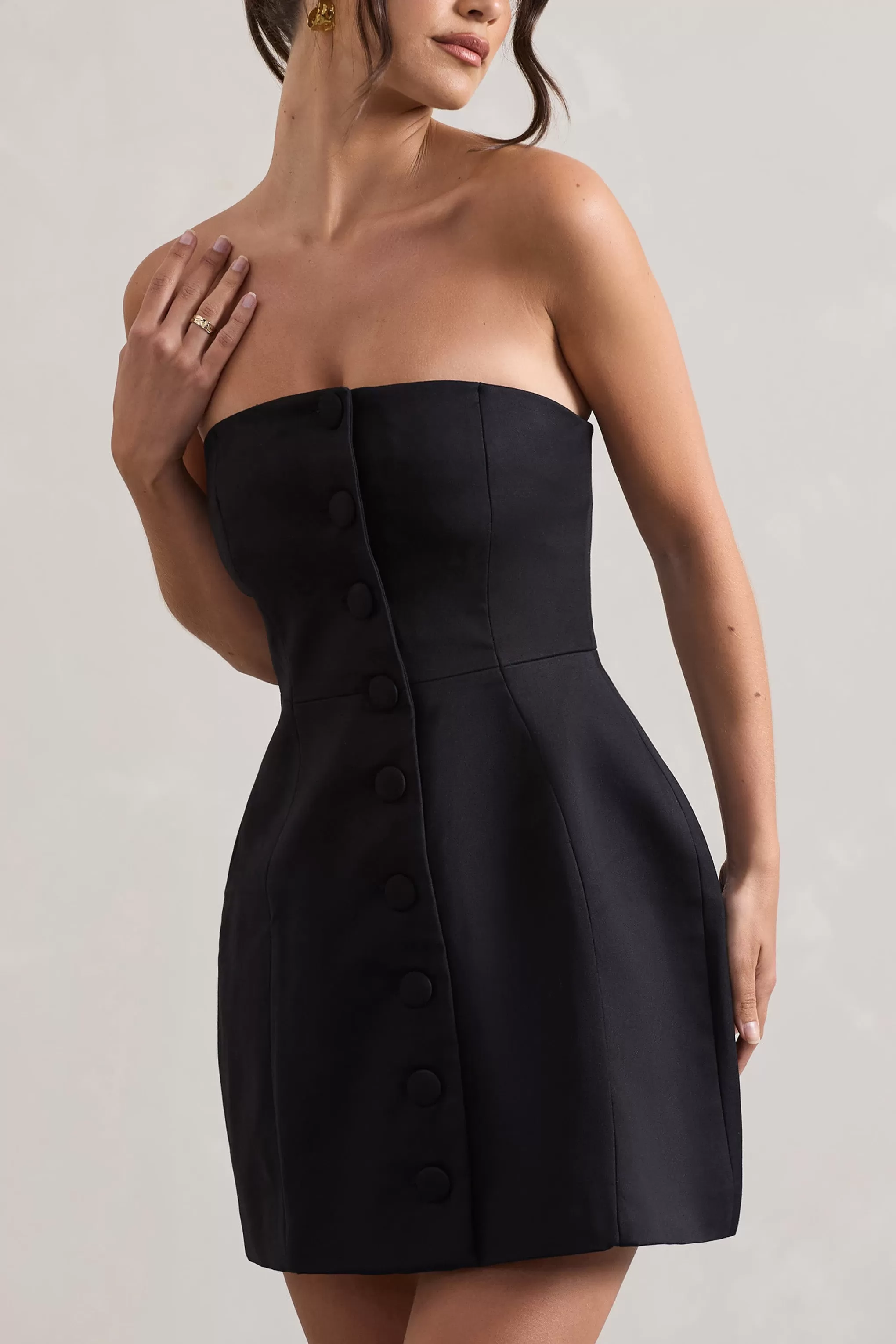 Anniston | Mini-robe tailleur noir décolleté bandeau et boutons