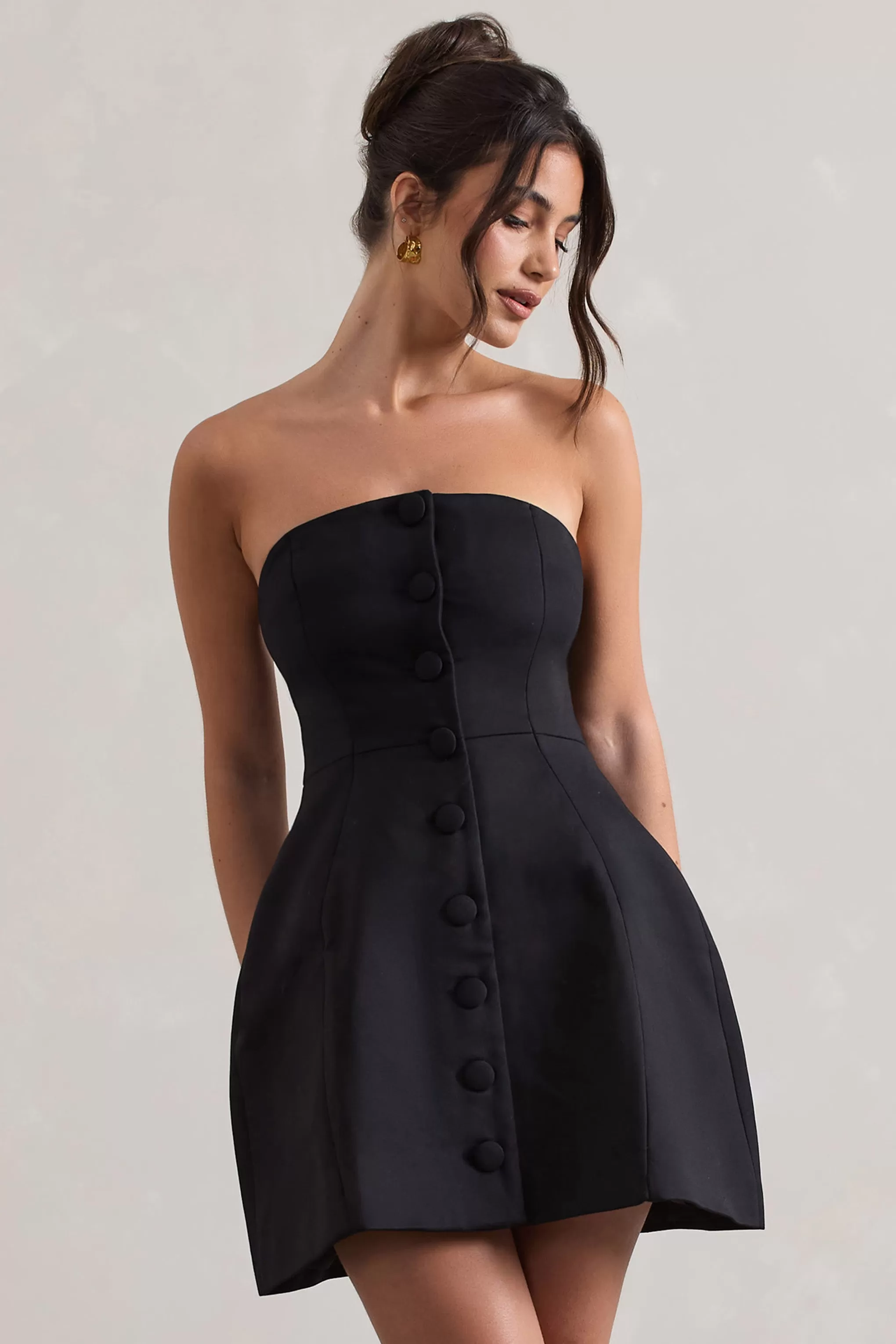 Anniston | Mini-robe tailleur noir décolleté bandeau et boutons