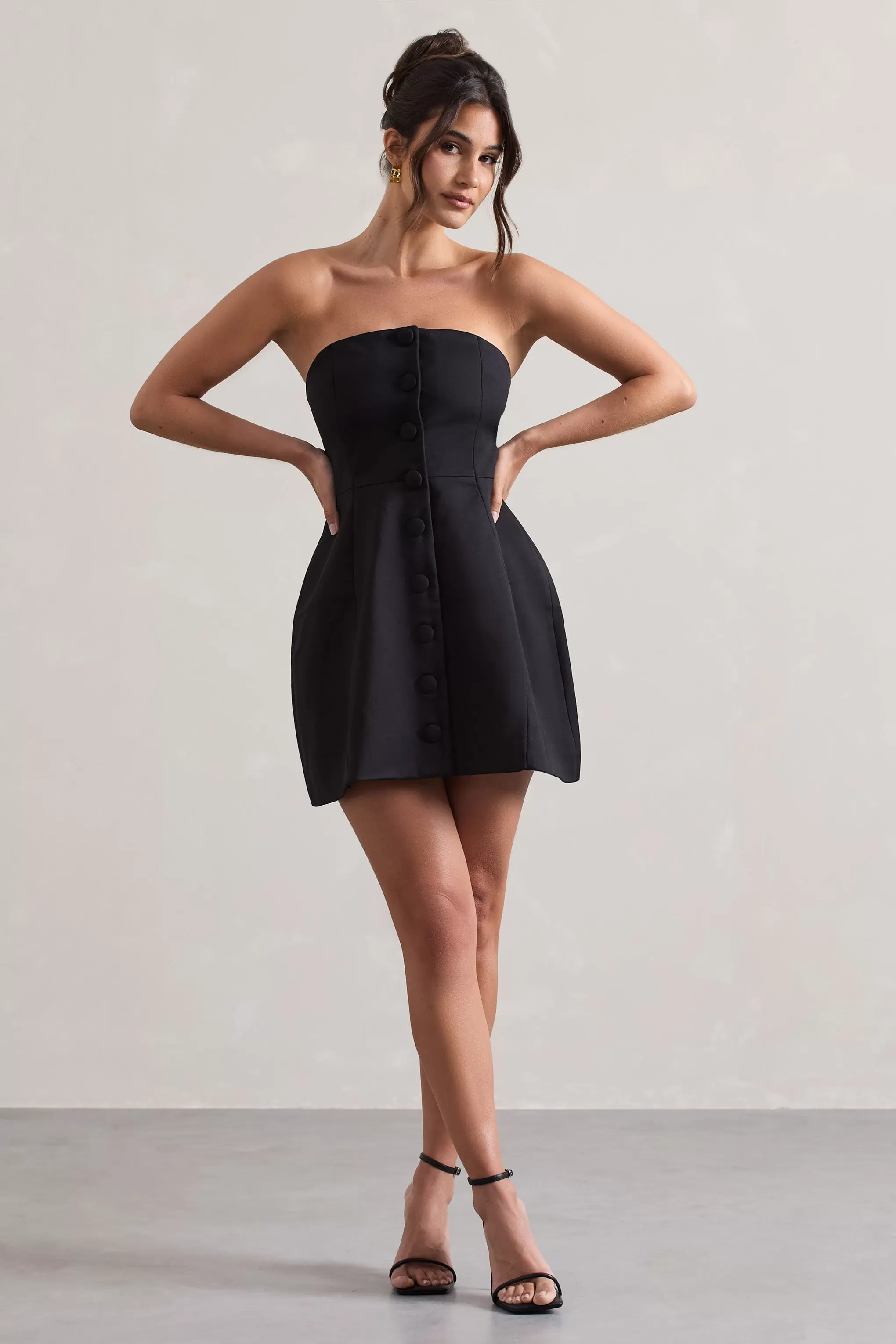 Anniston | Mini-robe tailleur noir décolleté bandeau et boutons