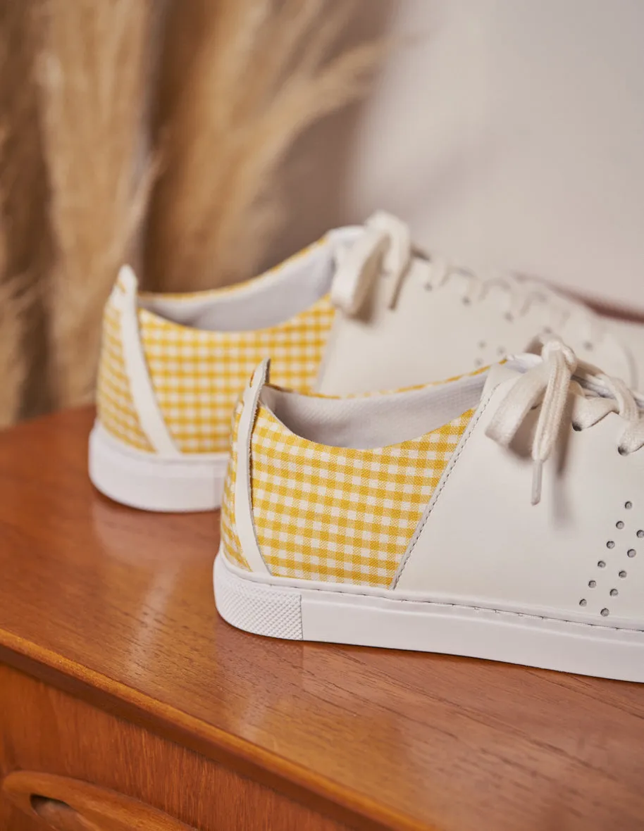 Baskets basses Renée - Cuir blanc et toile vichy jaune