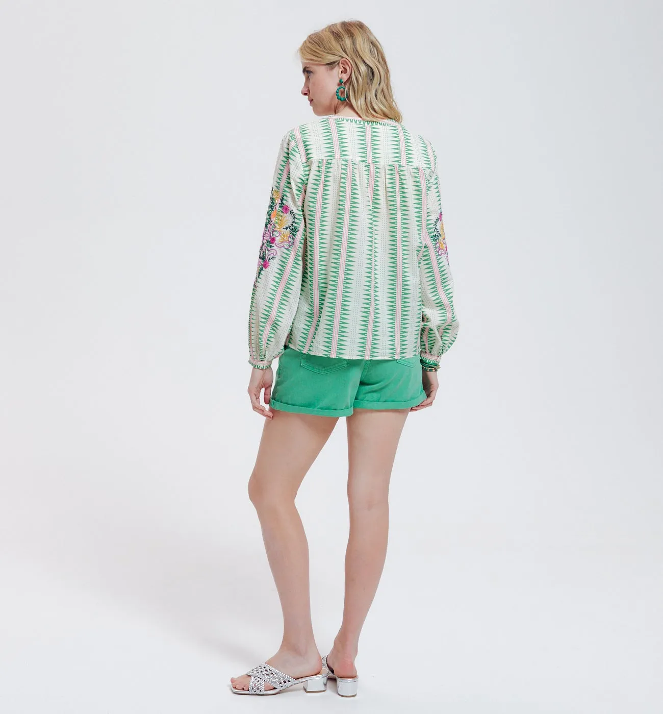 Blouse brodée - Rayé vert