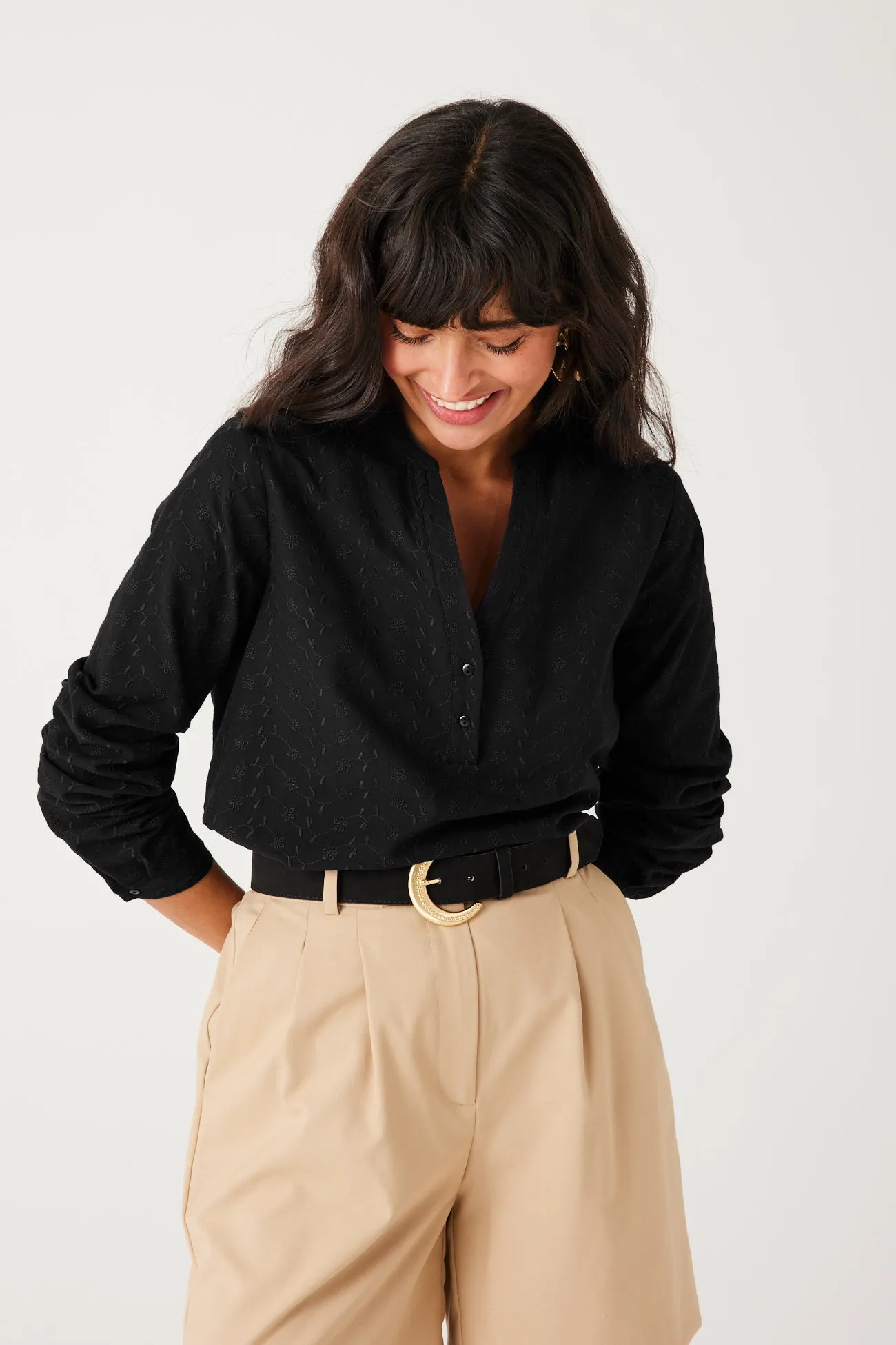 Blouse brodée unie Femme - Noir