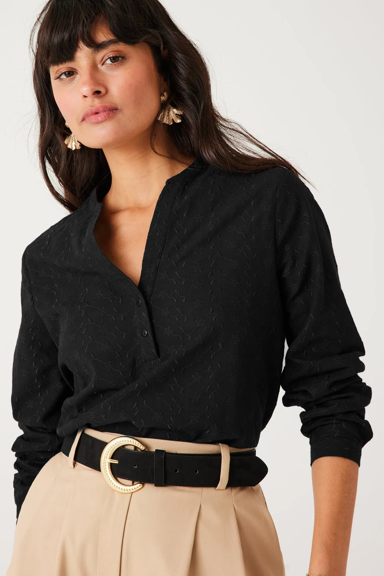 Blouse brodée unie Femme - Noir