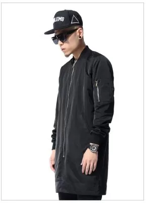 Blouson Pardessus Long Streetwear Homme Noir Zip Manches