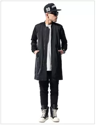 Blouson Pardessus Long Streetwear Homme Noir Zip Manches