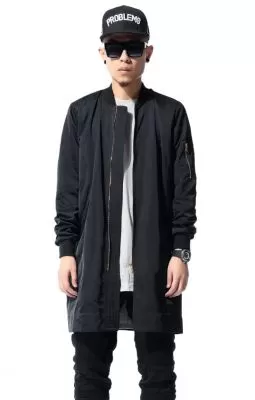 Blouson Pardessus Long Streetwear Homme Noir Zip Manches