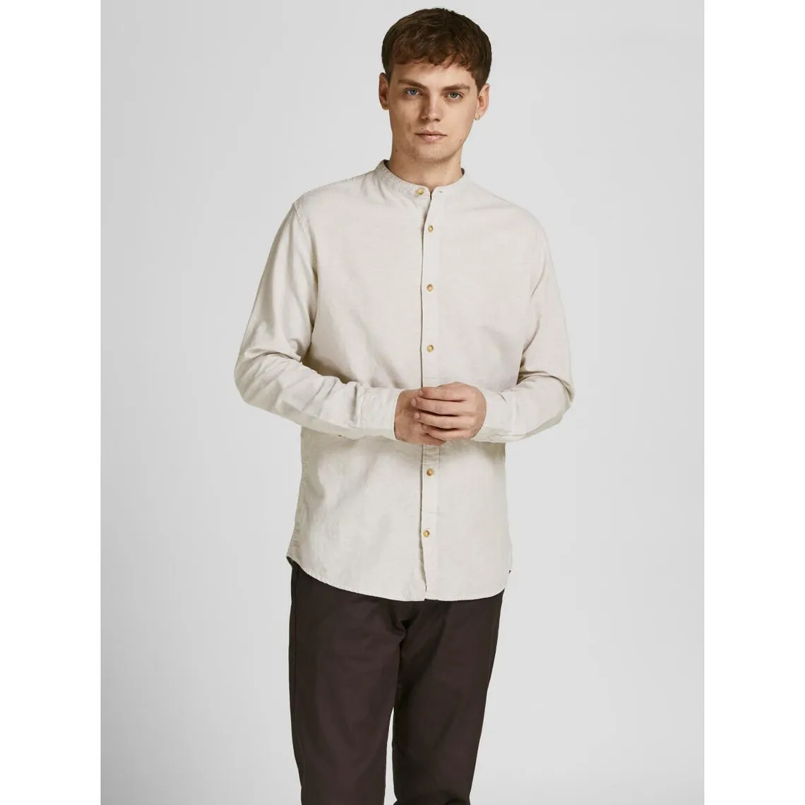 Chemise à boutons Slim Fit Col à bande Manches longues Gris Clair beige en coton Joel | 3 Suisses