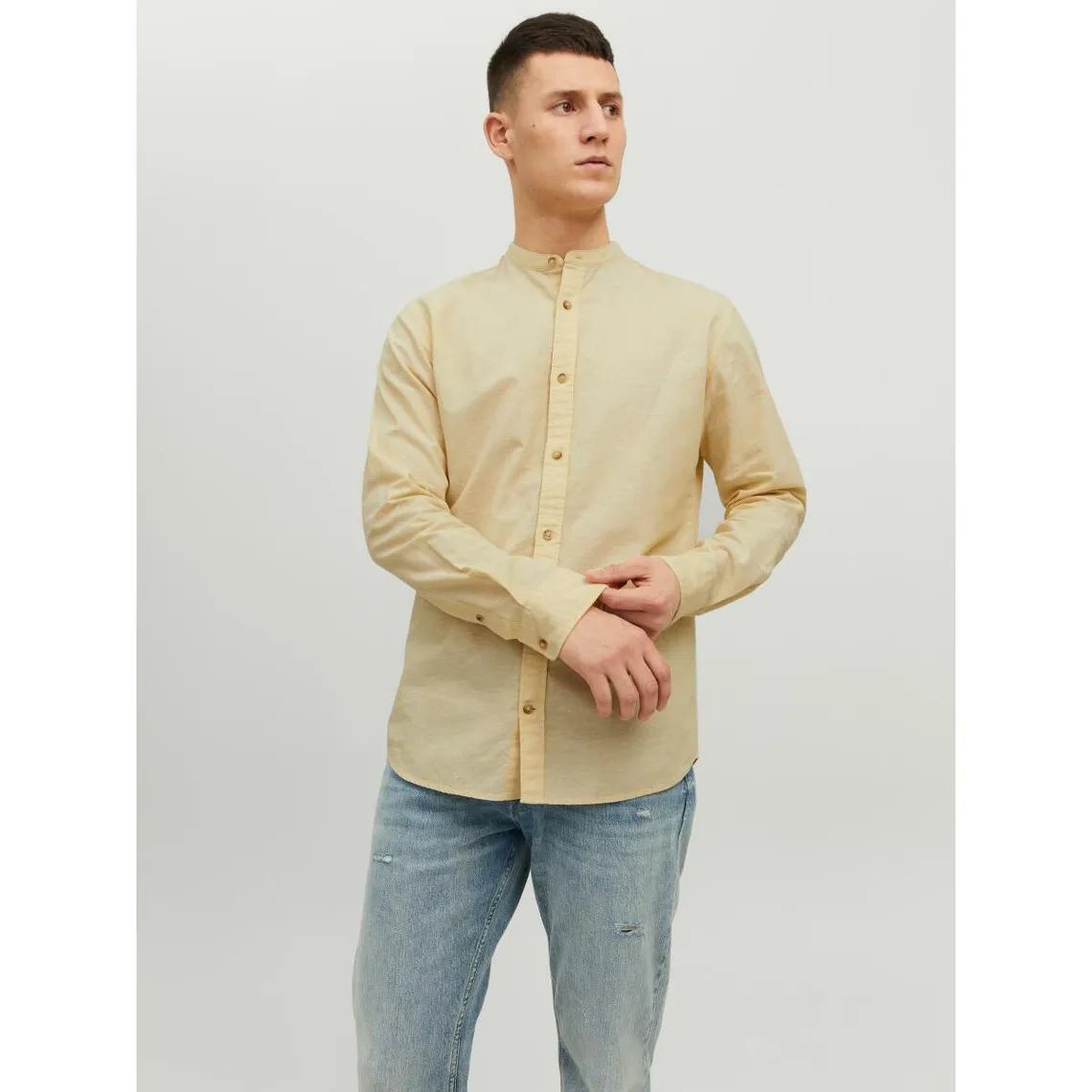 Chemise à boutons Slim Fit Col à bande Manches longues Orange jaune en coton | 3 Suisses