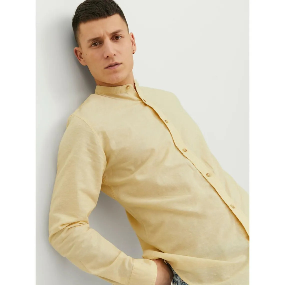 Chemise à boutons Slim Fit Col à bande Manches longues Orange jaune en coton | 3 Suisses