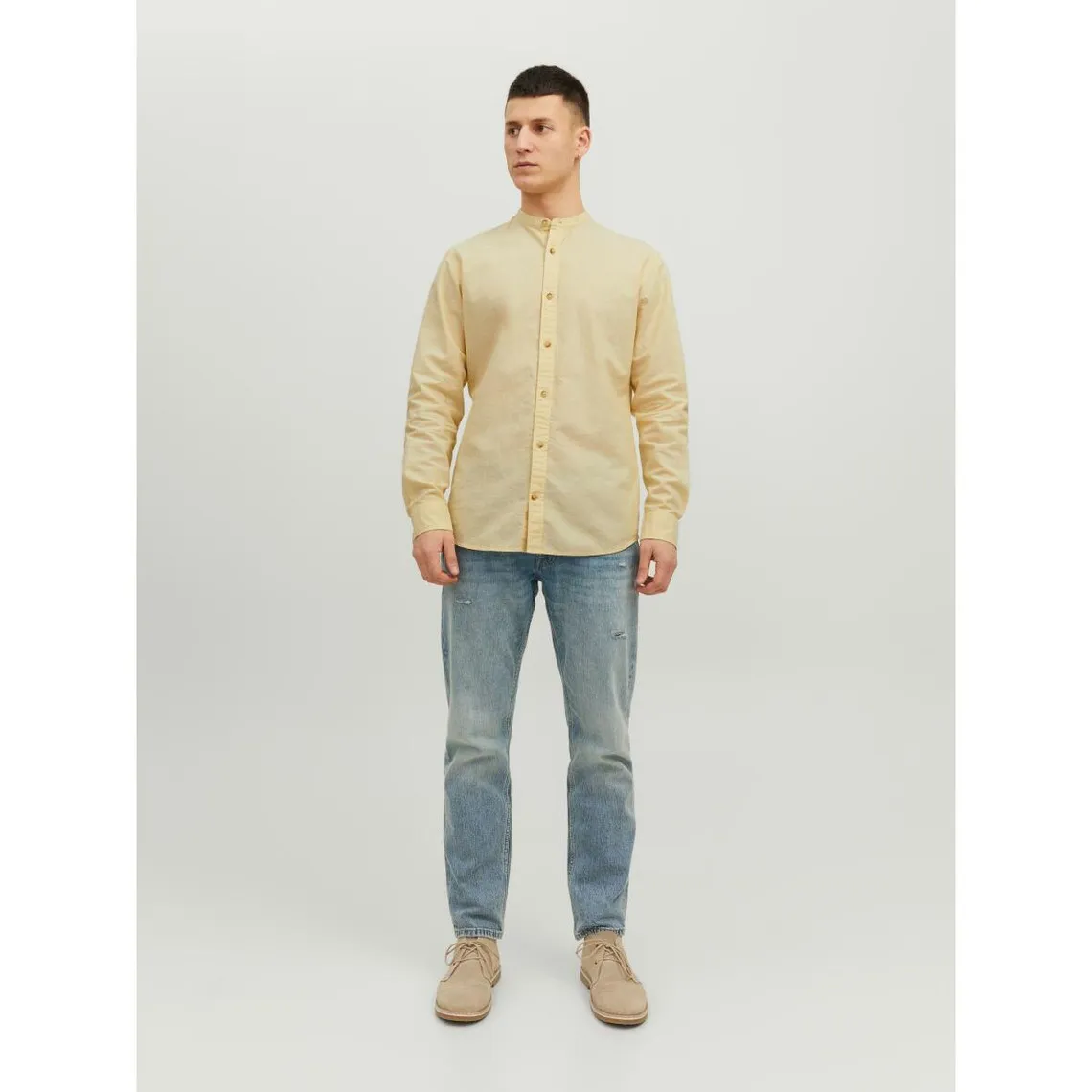 Chemise à boutons Slim Fit Col à bande Manches longues Orange jaune en coton | 3 Suisses