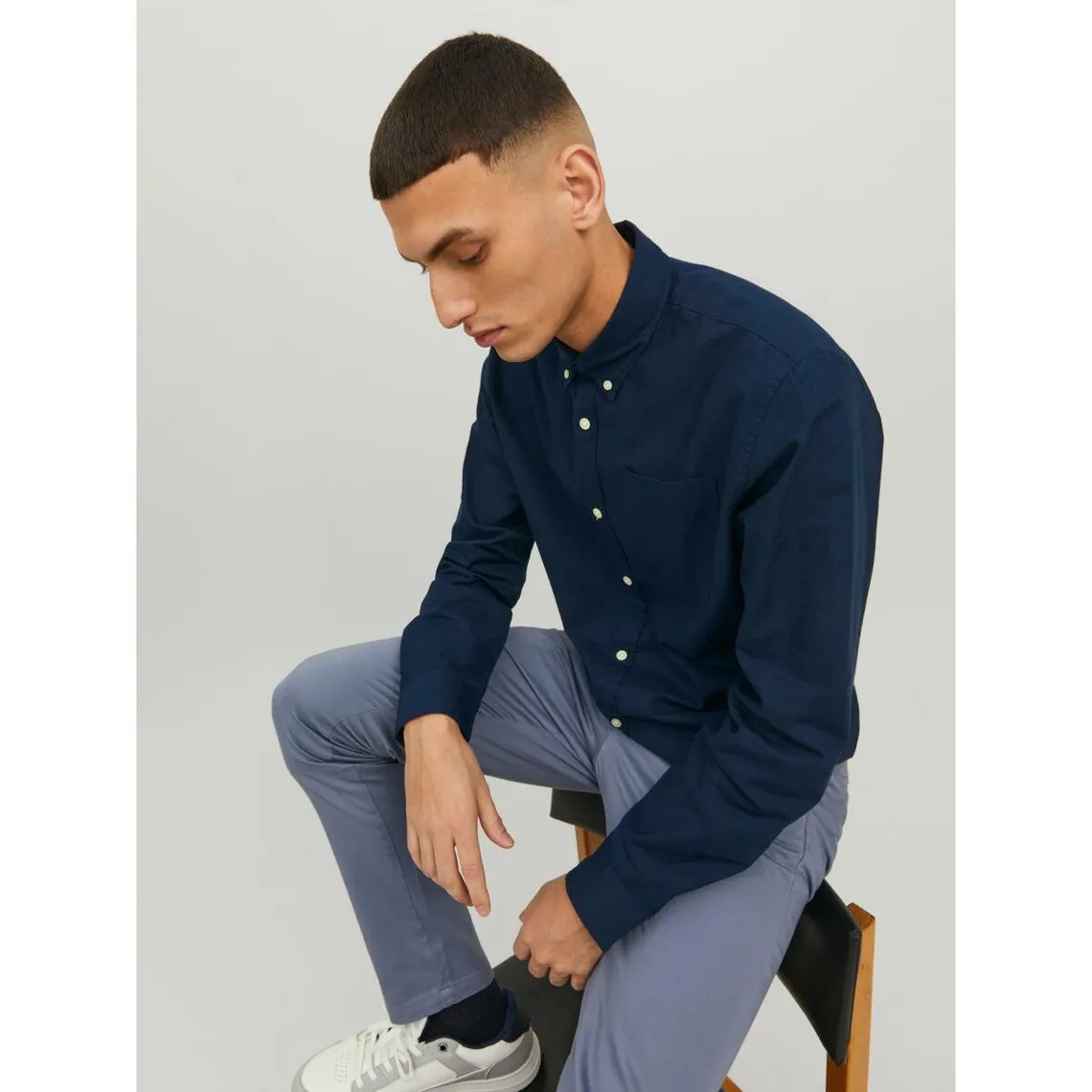 Chemise à boutons Slim Fit Col boutonné Manches longues Bleu Marine en coton Marc Jack & Jones - Chemise Homme sur