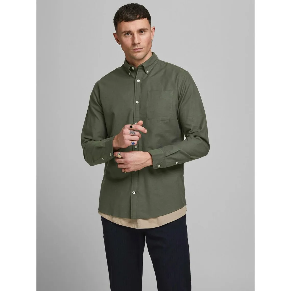 Chemise à boutons Slim Fit Col boutonné Manches longues Vert foncé en coton Tony | 3 Suisses