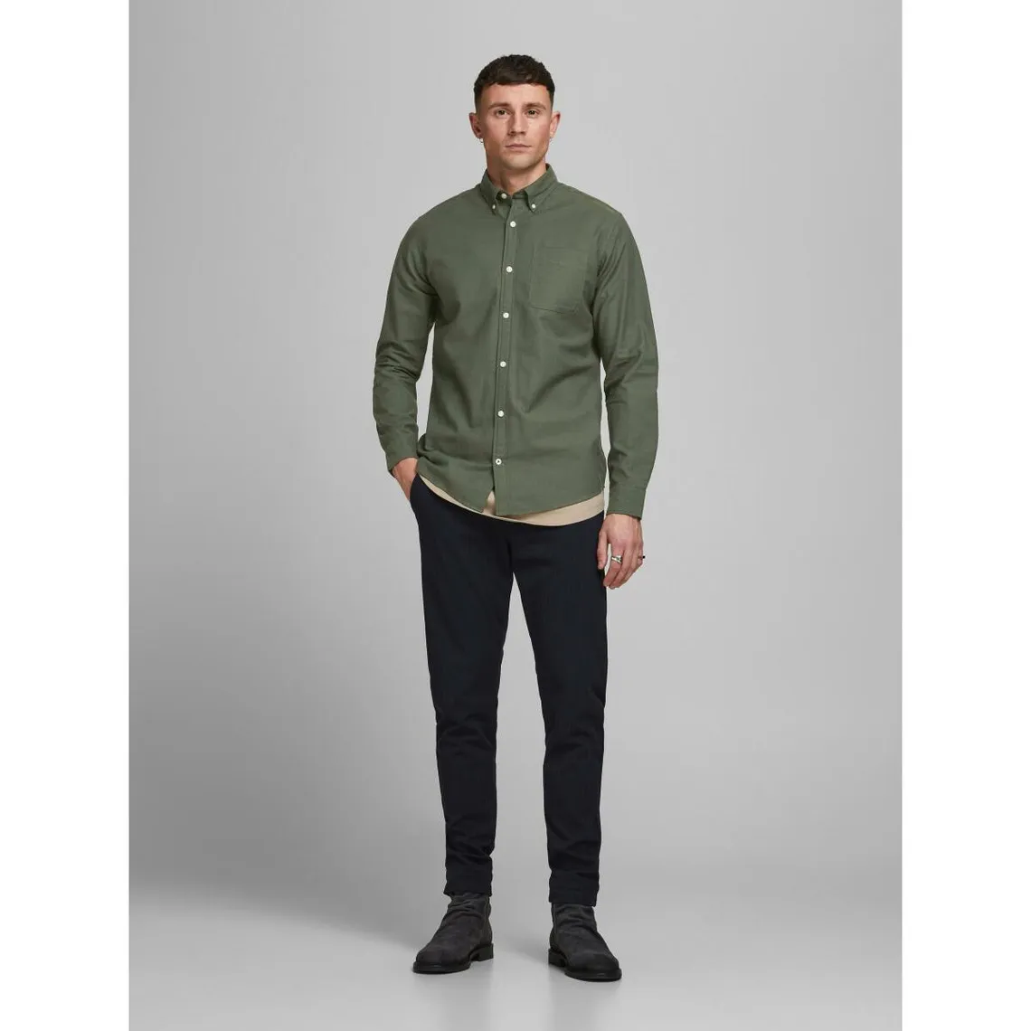 Chemise à boutons Slim Fit Col boutonné Manches longues Vert foncé en coton Tony | 3 Suisses