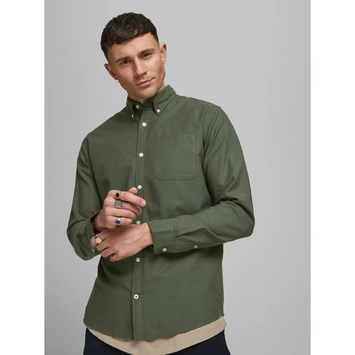 Chemise à boutons Slim Fit Col boutonné Manches longues Vert foncé en coton Tony | 3 Suisses