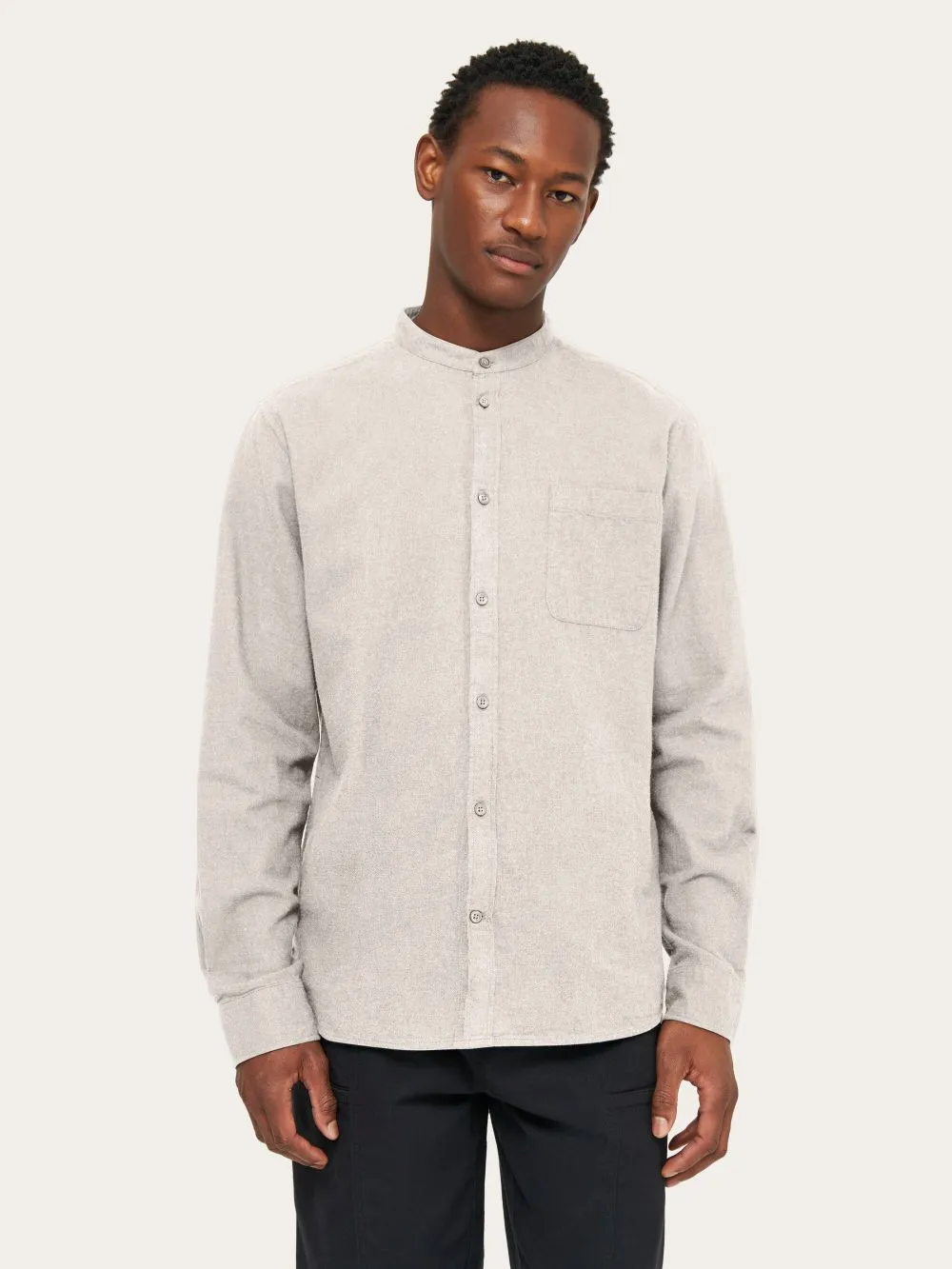 Chemise col mao en coton bio | gris "regular fit melangé flannel stand collar shirt greige" 1165 greige homme