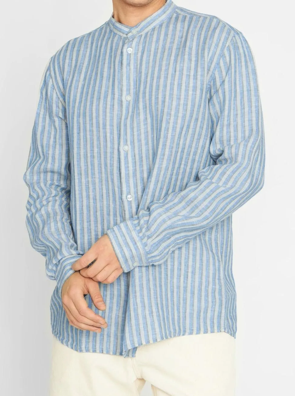 Chemise rayée bleue en lin bio - striped linen custom fit shirt stripe 8007 stripe homme