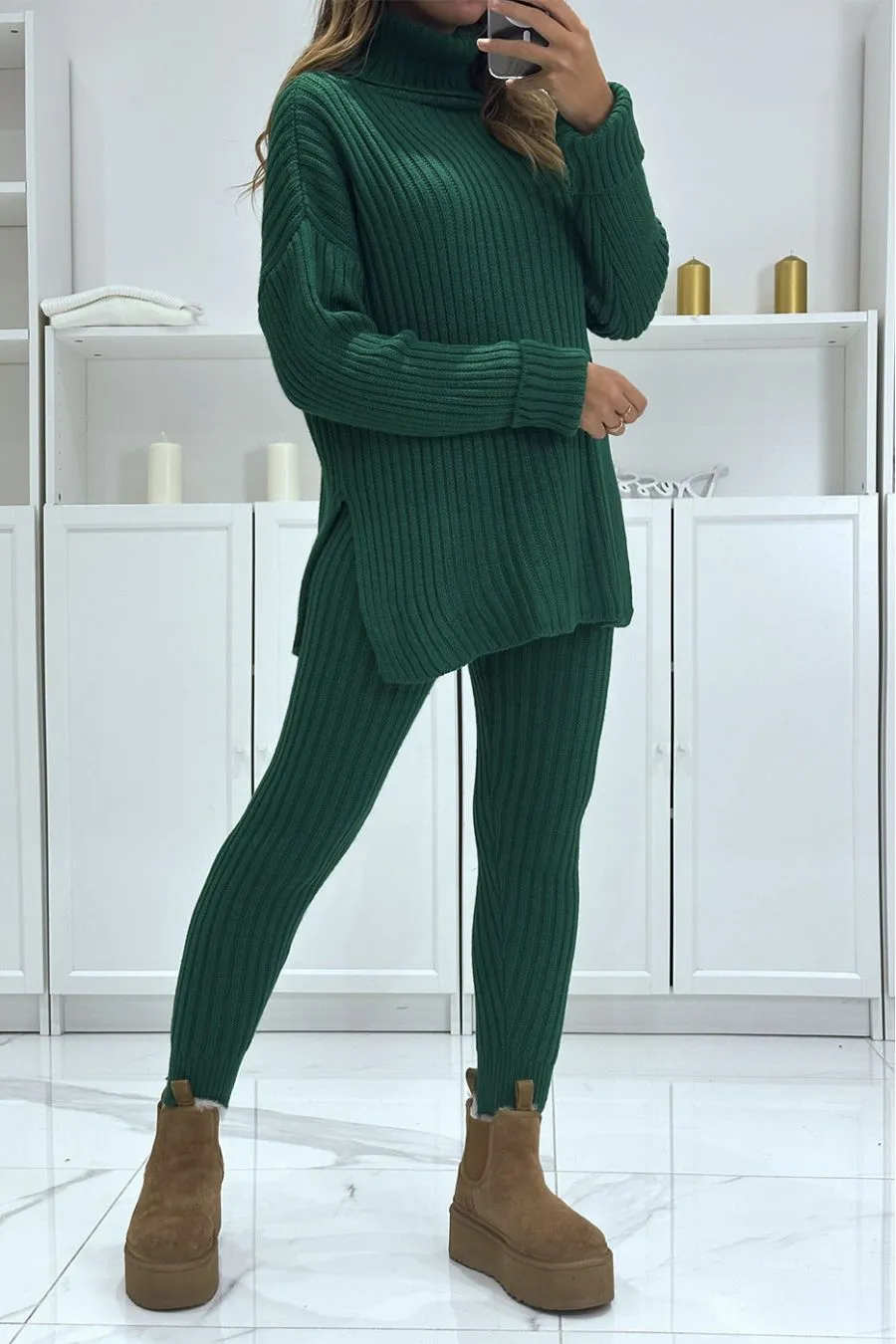 Ensemble pull col roulé et pantalon vert en tricot, très chaud pour l'hiver