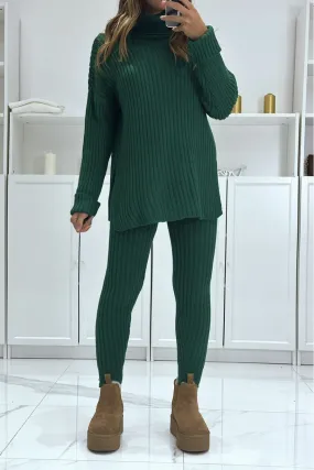 Ensemble pull col roulé et pantalon vert en tricot, très chaud pour l'hiver