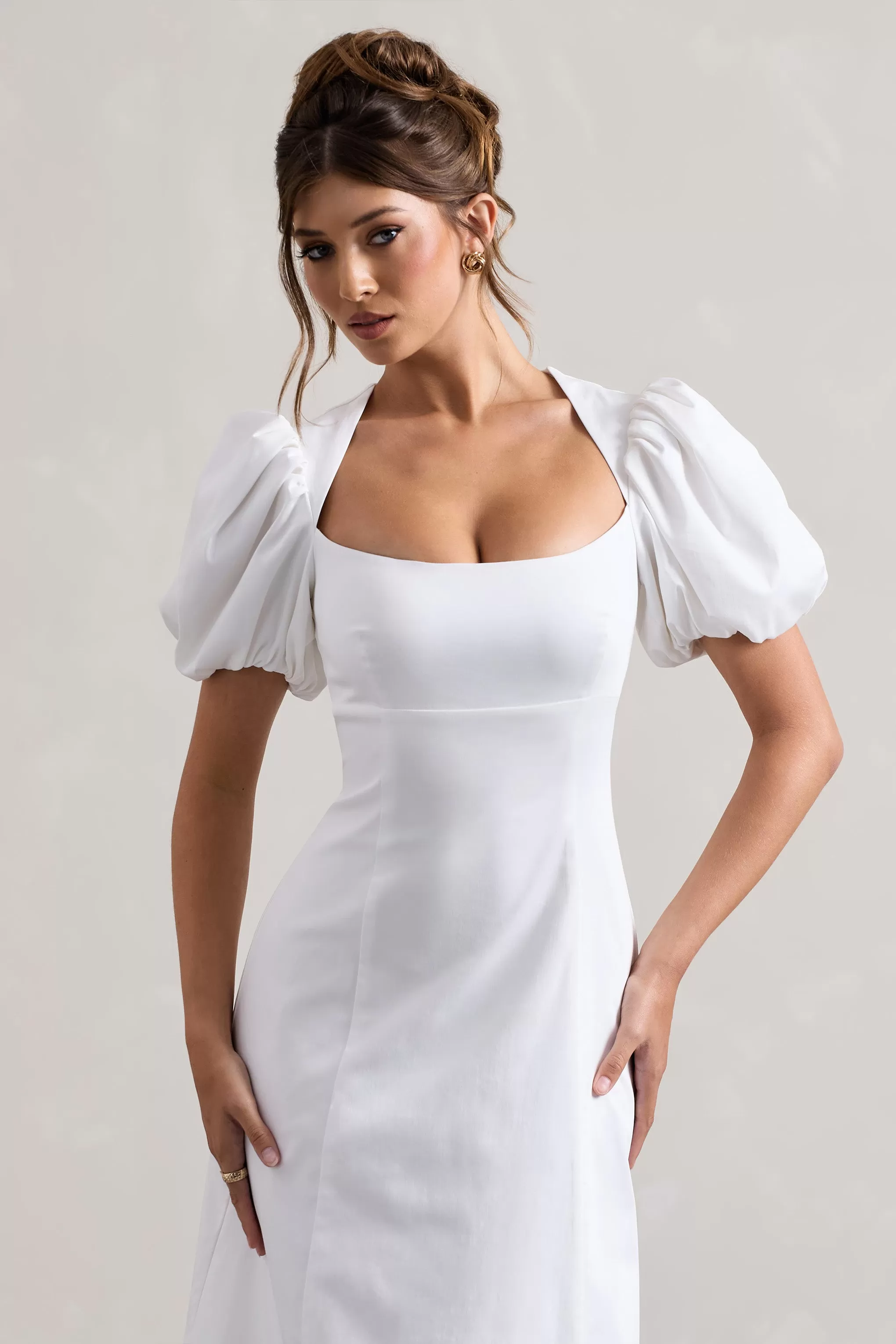 Hacienda | Robe longue blanche en popeline à manches bouffantes