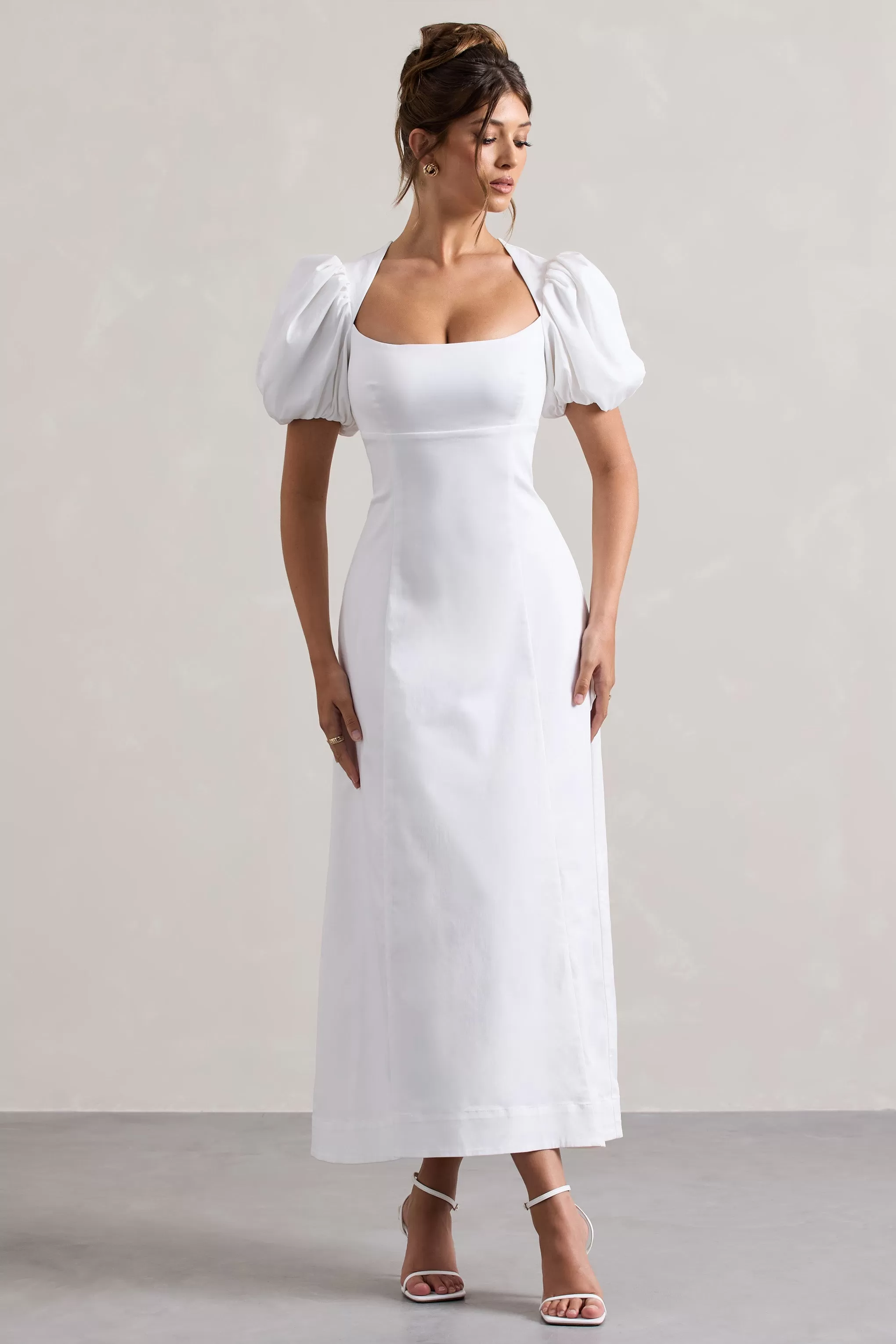 Hacienda | Robe longue blanche en popeline à manches bouffantes