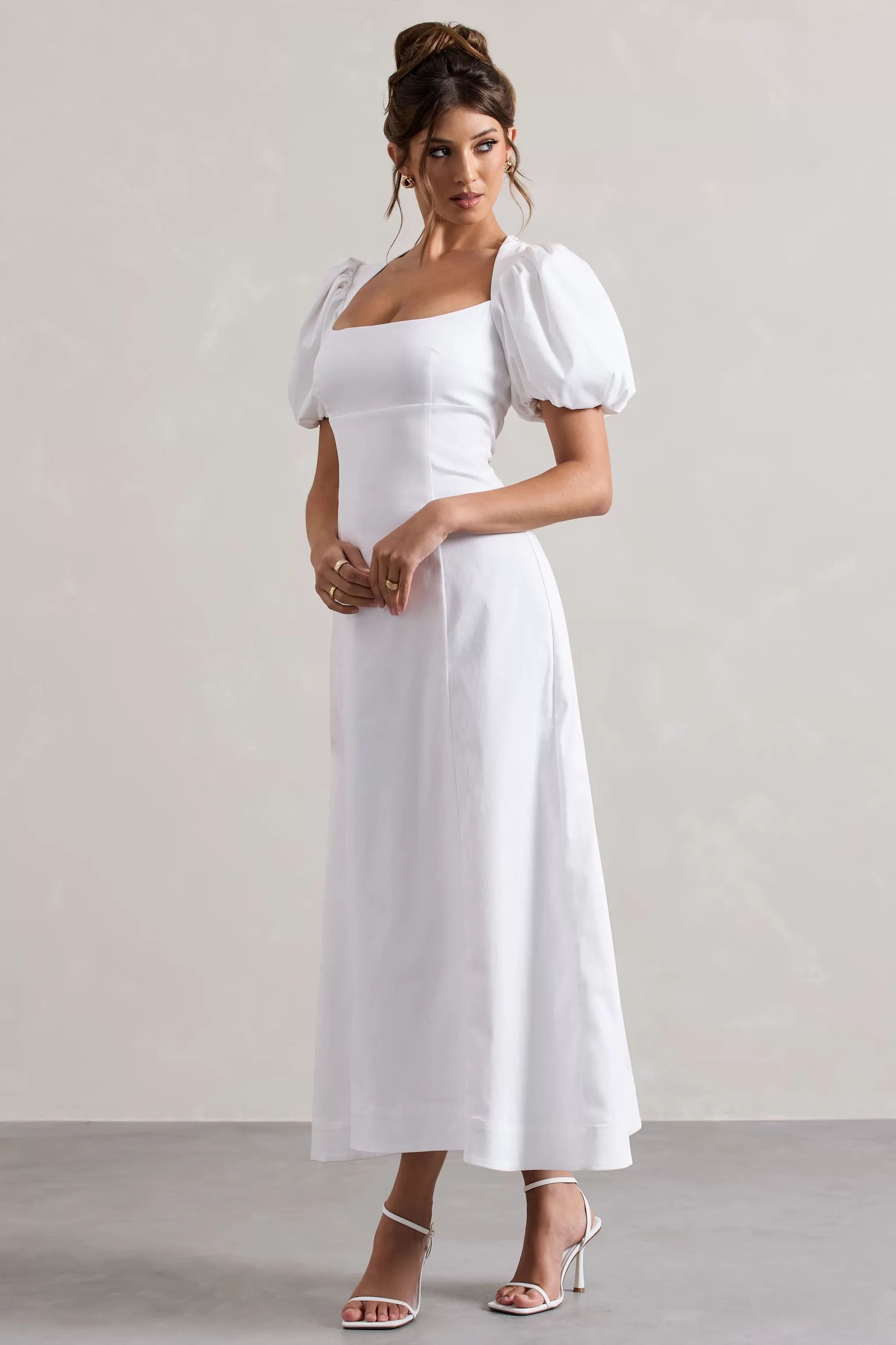 Hacienda | Robe longue blanche en popeline à manches bouffantes