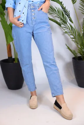 jeans Mom bleu élastique à la taille