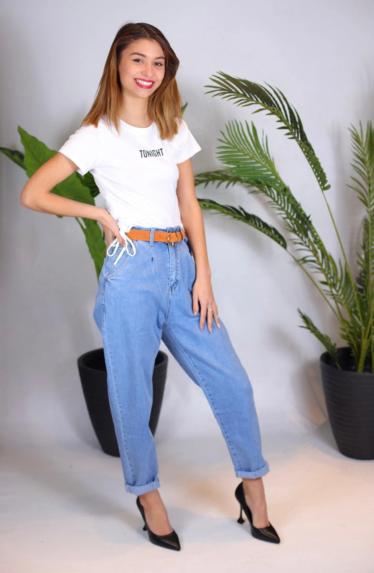 Jeans mom fit bleu