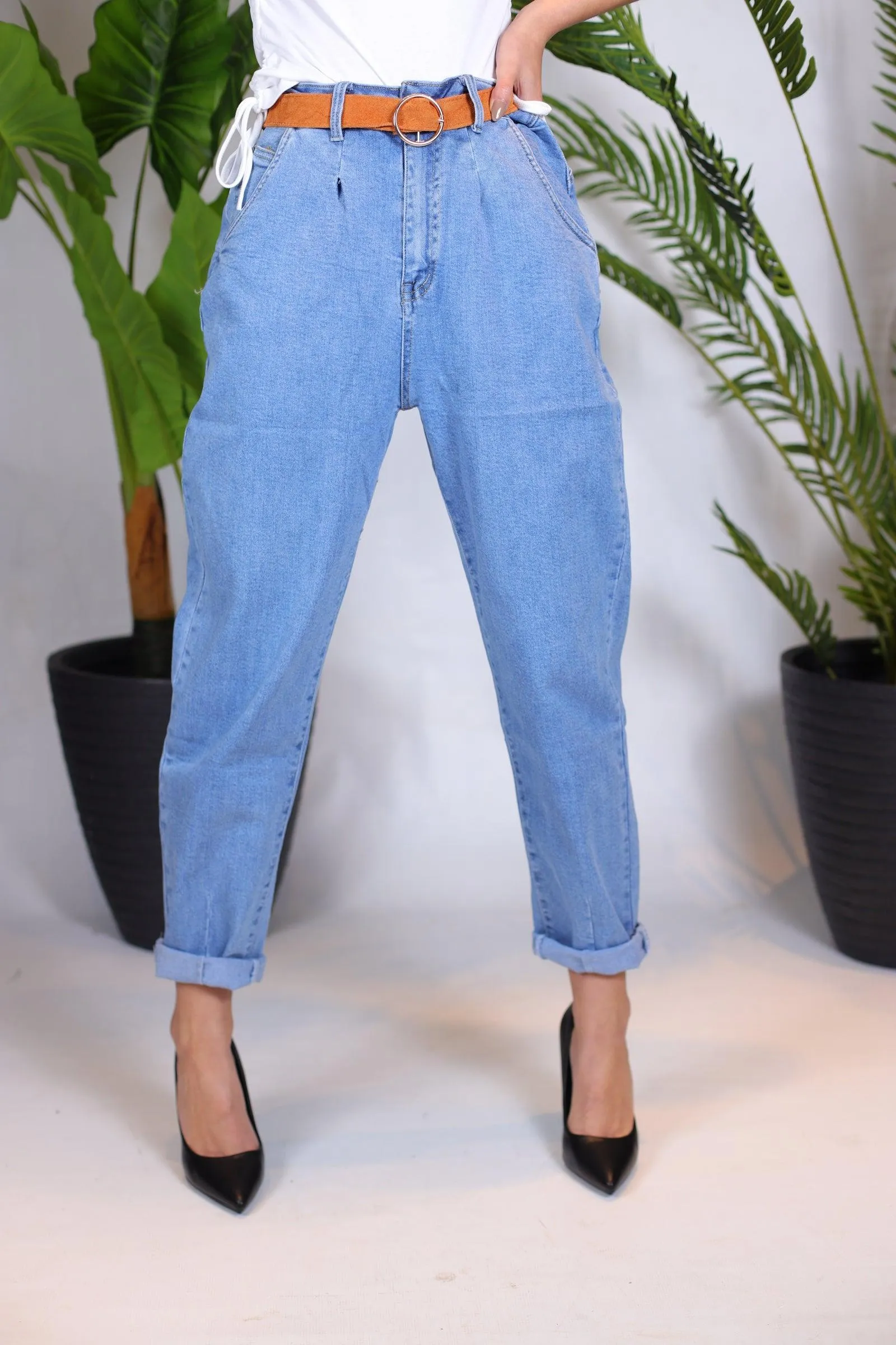 Jeans mom fit bleu