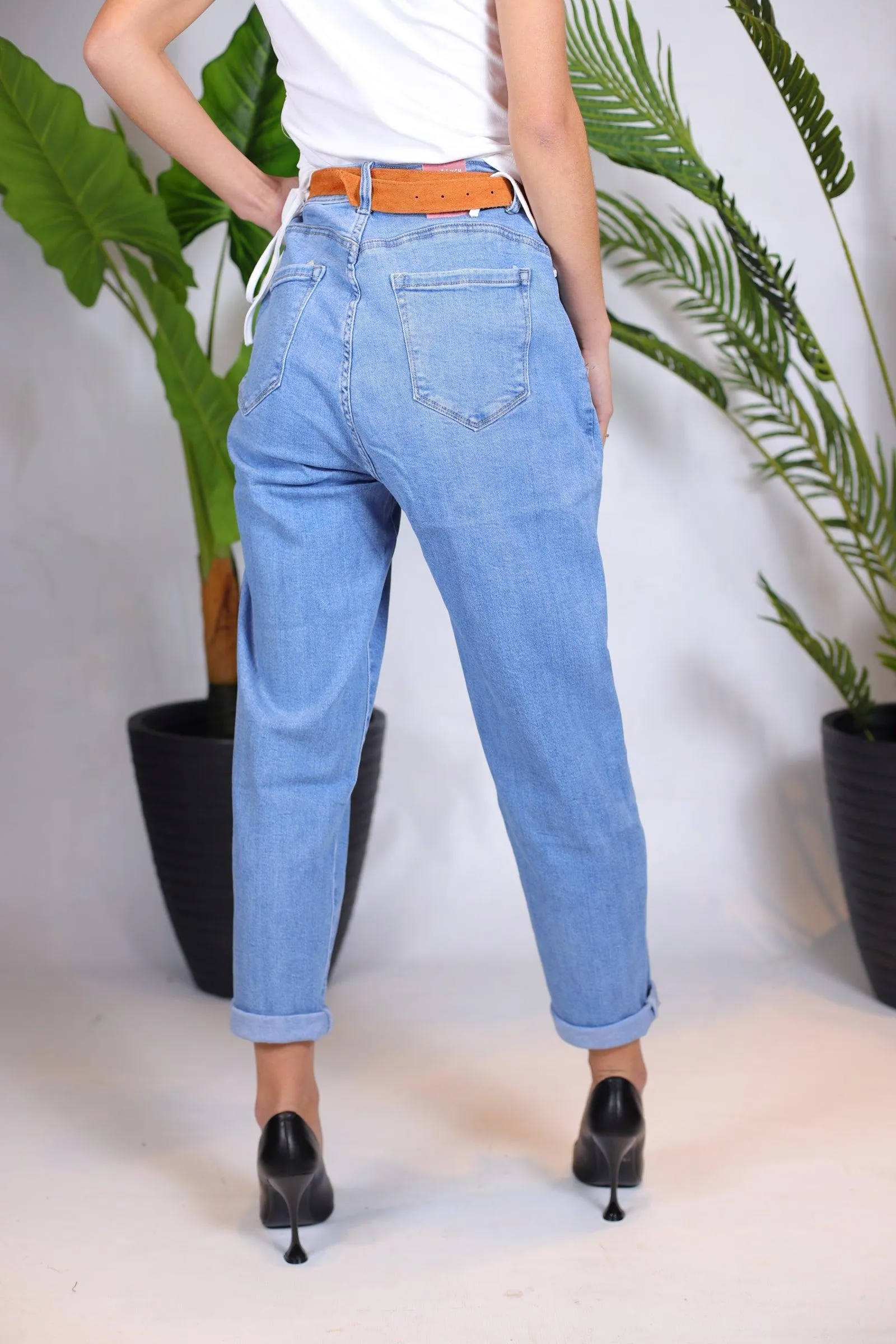 Jeans mom fit bleu