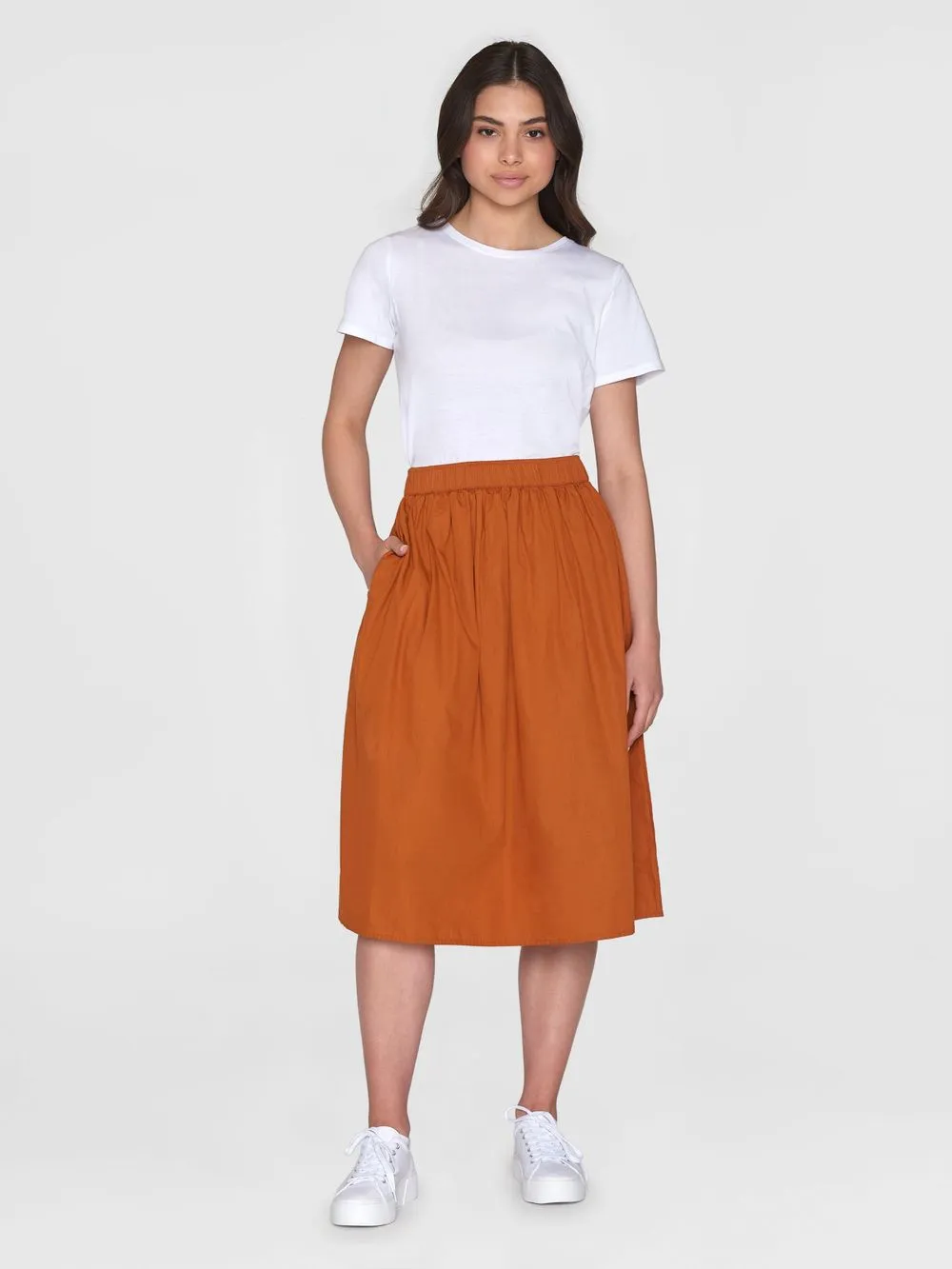 Jupe midi en coton bio | marron "poplin elastic waist mid-length leather brown" 1438 leather brown femme