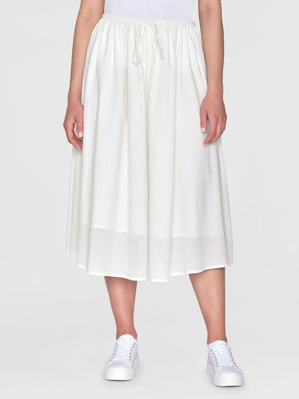 Jupe midi en coton bio | rayé blanc "stripe structure a-shape mid-length skirt egret" 1387 egret femme