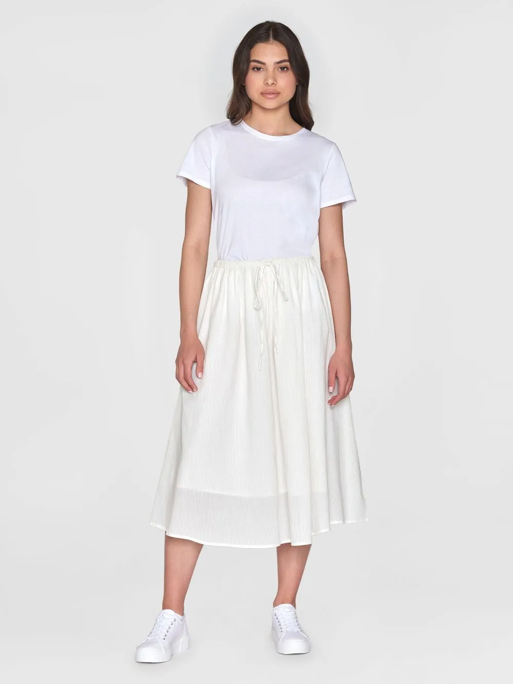 Jupe midi en coton bio | rayé blanc "stripe structure a-shape mid-length skirt egret" 1387 egret femme