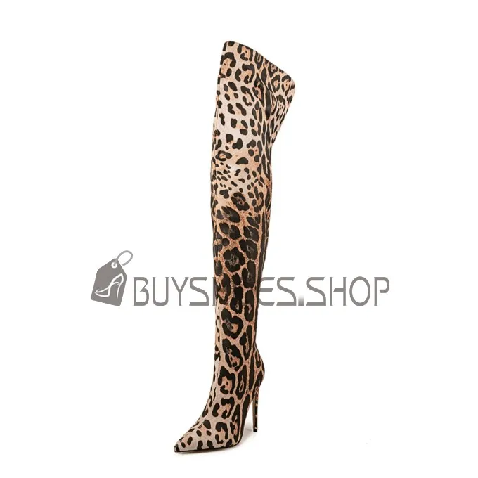 Leopard Talon 11 cm Bout Pointu Bottes Haute Classique Daim Habillées Talons Aiguilles Boots Femme Botte Cuissarde Élégantes