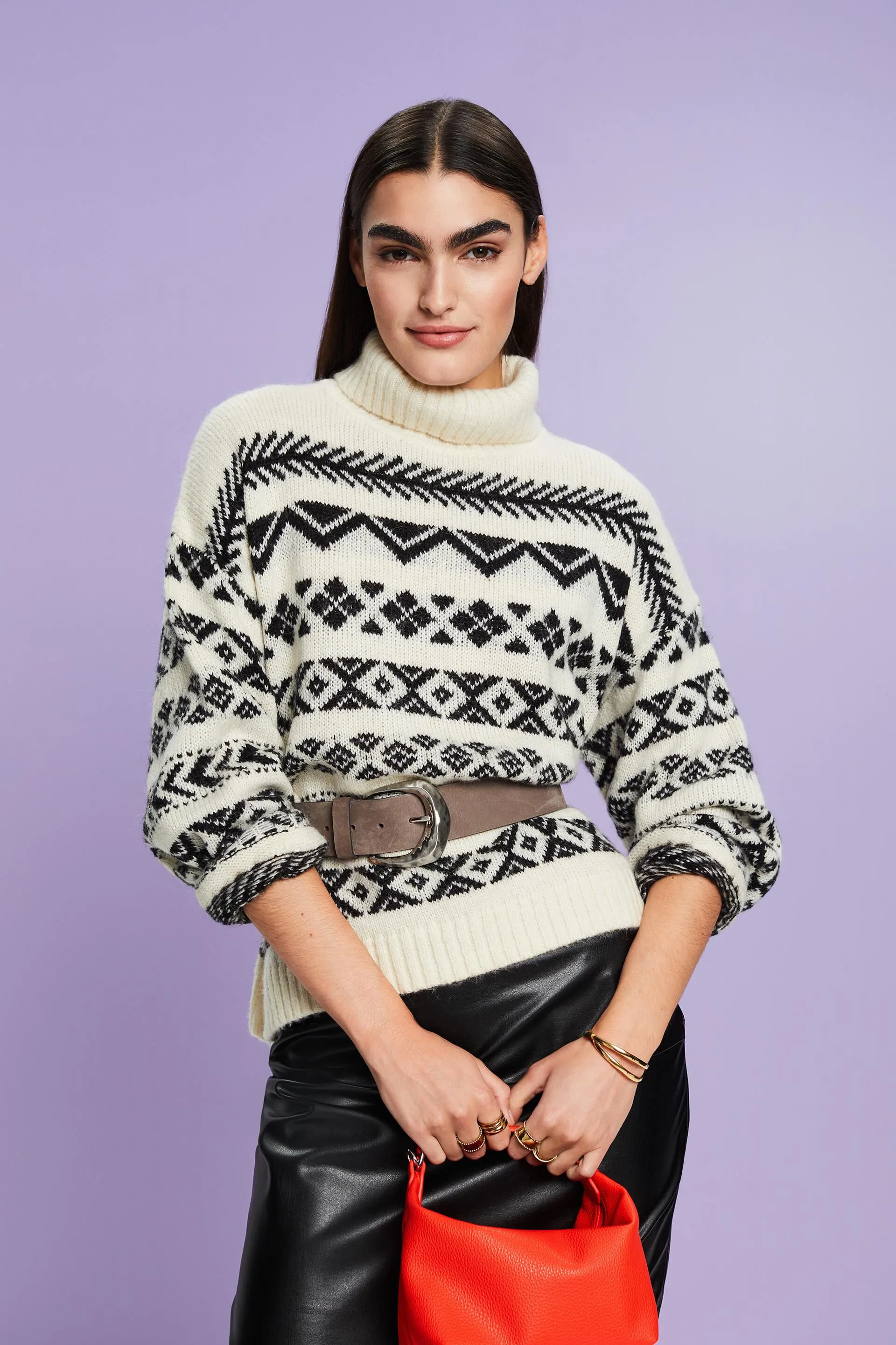 Pull à col roulé en jacquard de laine mélangée