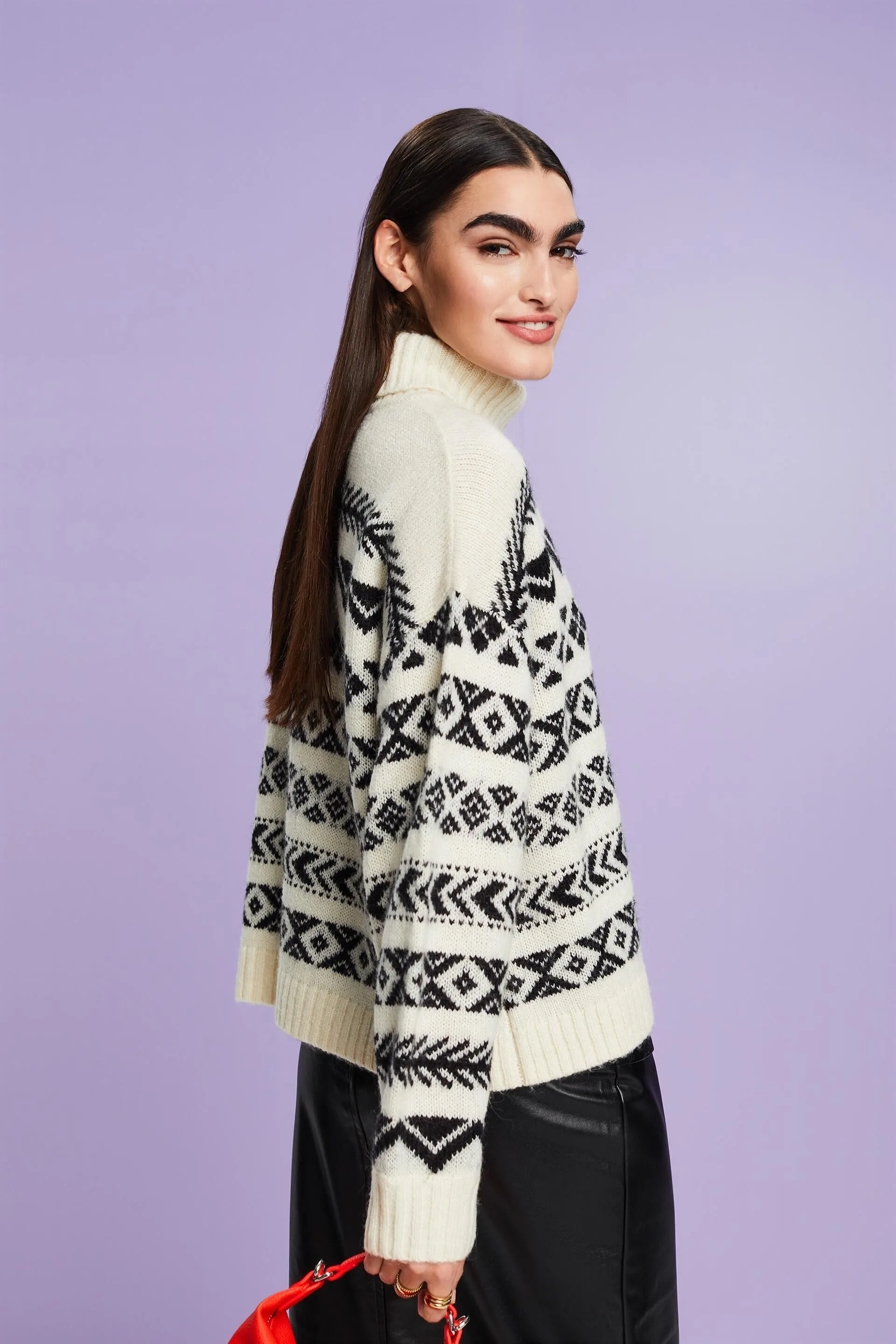 Pull à col roulé en jacquard de laine mélangée