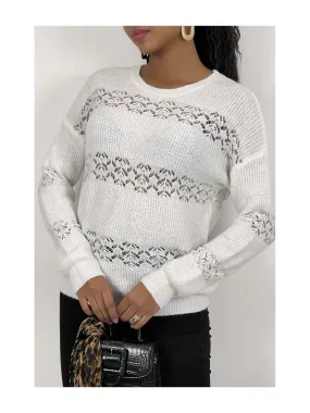 Pull ajouré blanc à col rond en maille douce et chaude