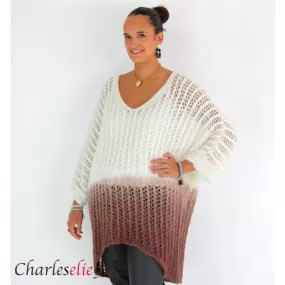 Pull ajouré mohair bicolore FAUSTINE blanc et chocolat