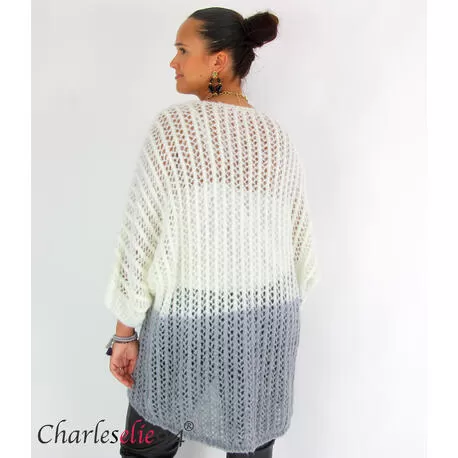 Pull ajouré mohair bicolore FAUSTINE blanc et gris