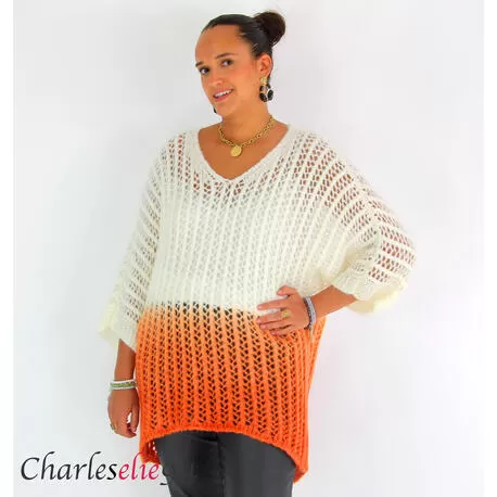 Pull ajouré mohair bicolore FAUSTINE blanc et orange