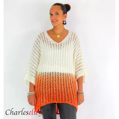 Pull ajouré mohair bicolore FAUSTINE blanc et orange