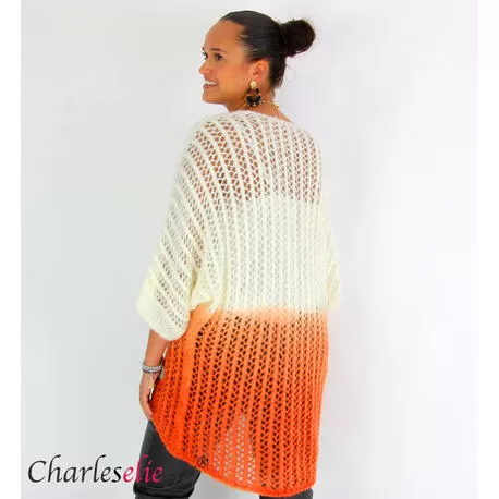 Pull ajouré mohair bicolore FAUSTINE blanc et orange