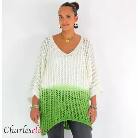 Pull ajouré mohair bicolore FAUSTINE blanc et vert