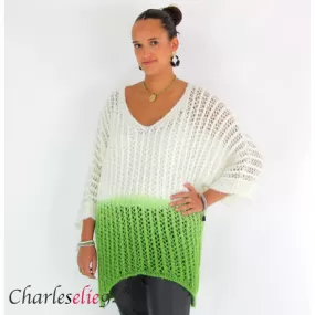 Pull ajouré mohair bicolore FAUSTINE blanc et vert