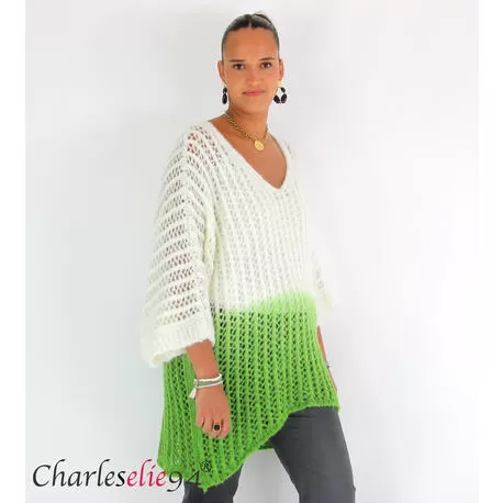 Pull ajouré mohair bicolore FAUSTINE blanc et vert