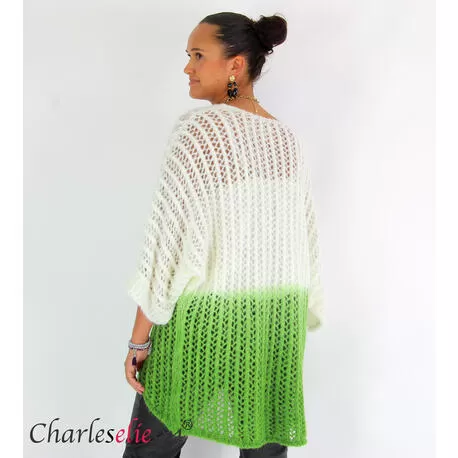 Pull ajouré mohair bicolore FAUSTINE blanc et vert