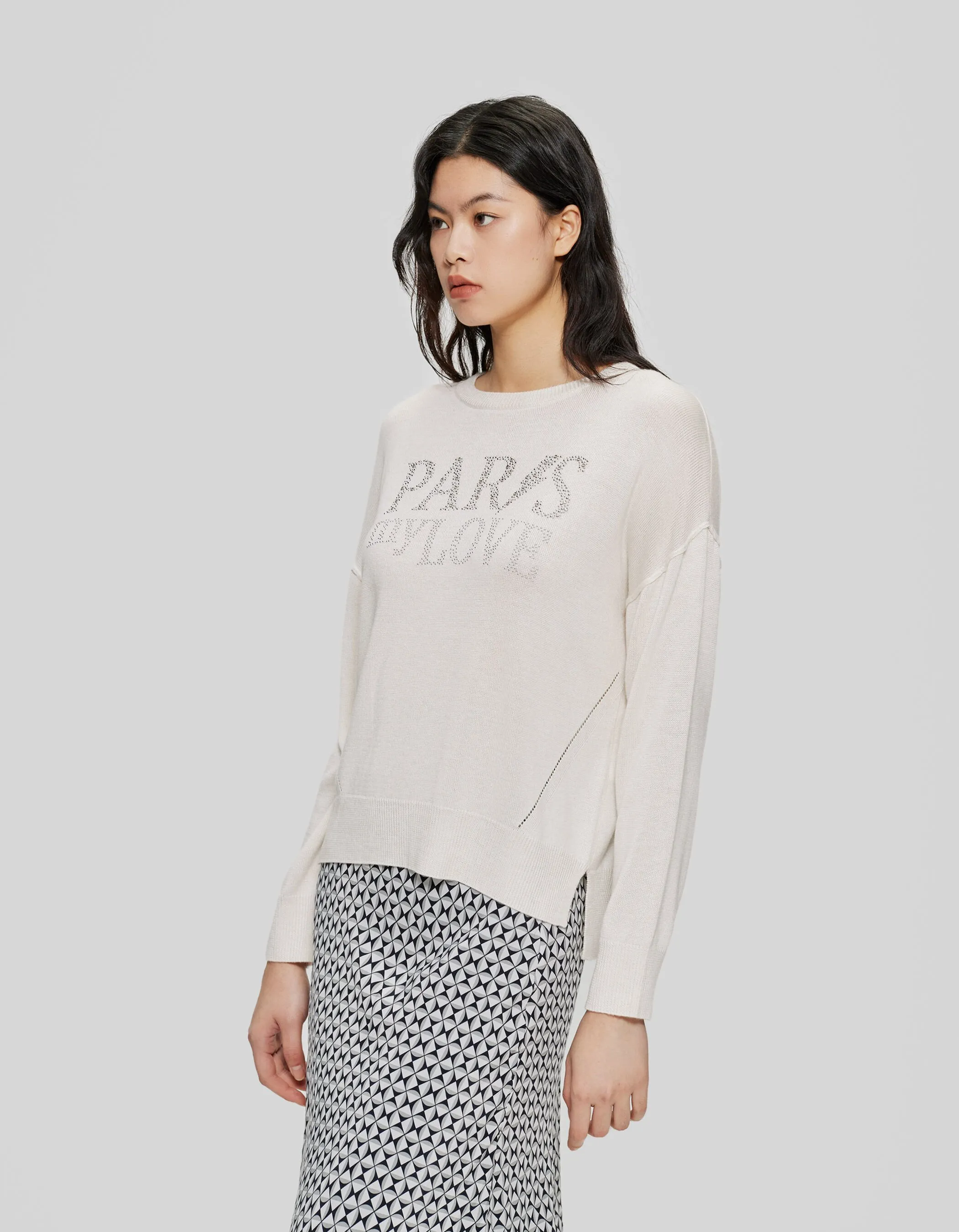 Pull blanc cassé tricot message strass Femme