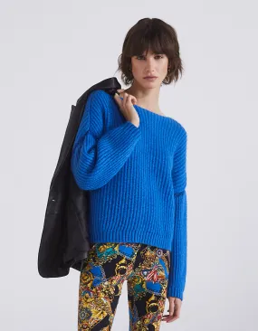 Pull col V en laine mousseuse coloris bleu femme