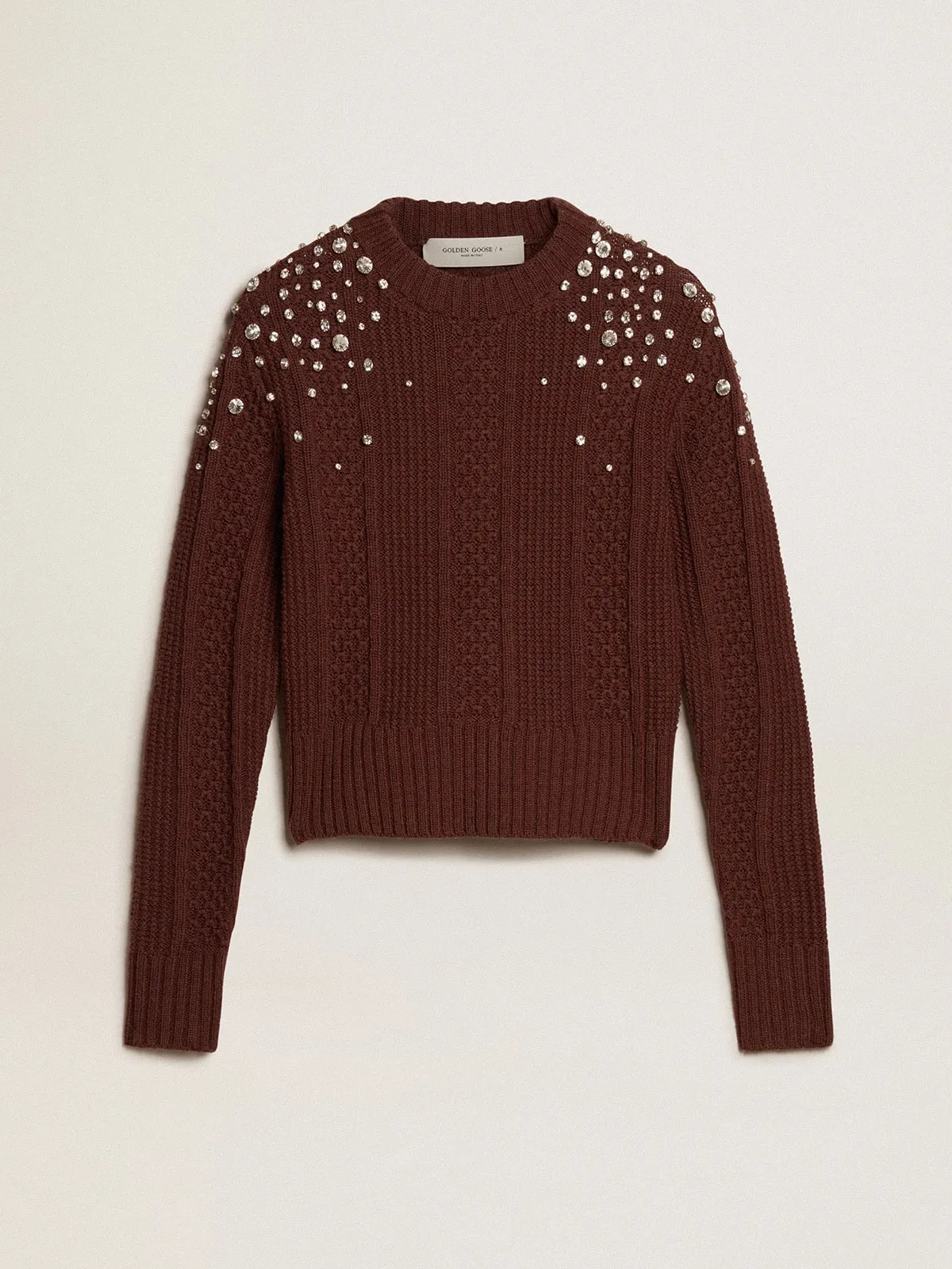 Pull cropped en laine bordeaux avec cristaux appliqués  | Golden Goose