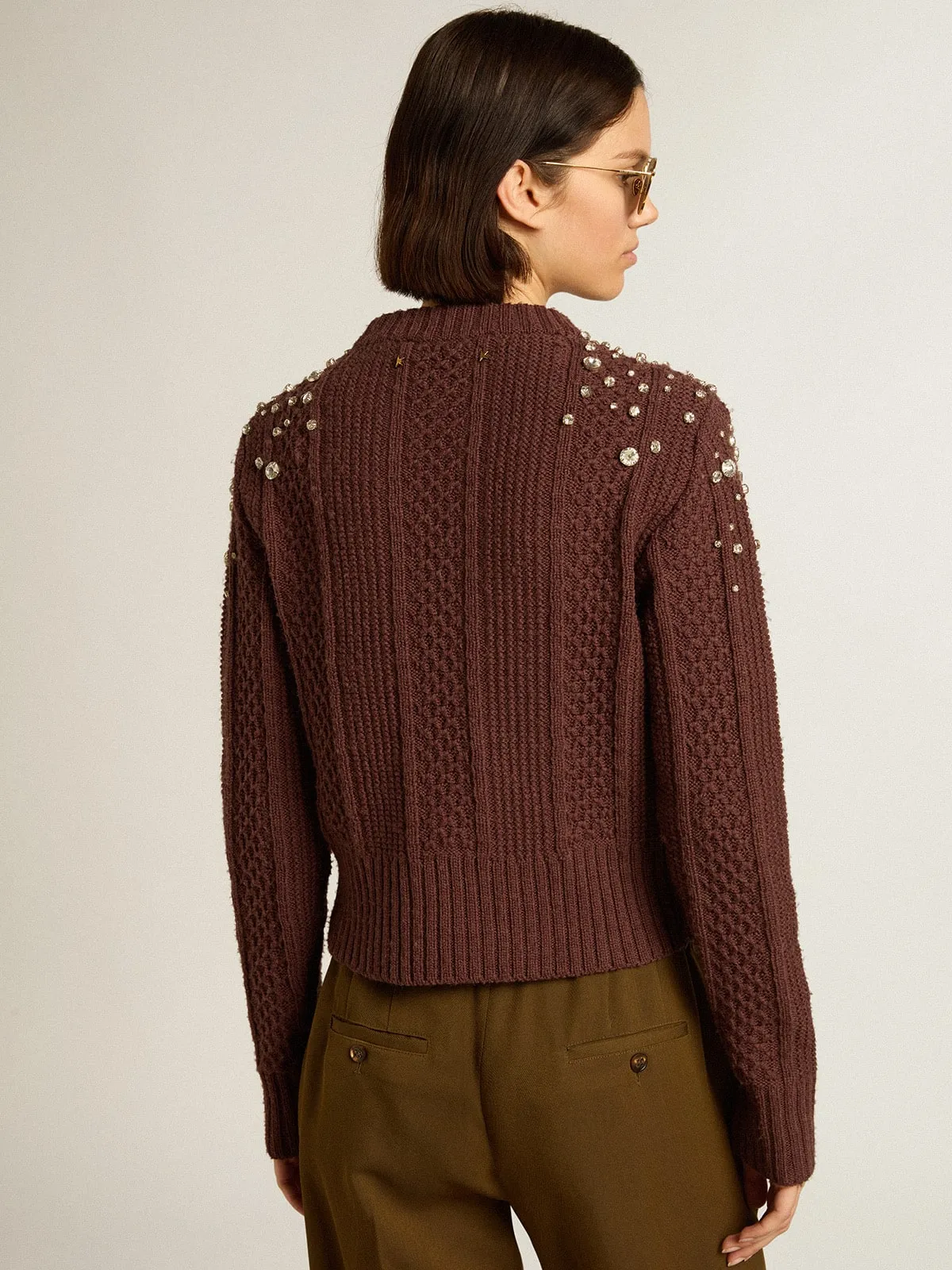 Pull cropped en laine bordeaux avec cristaux appliqués  | Golden Goose